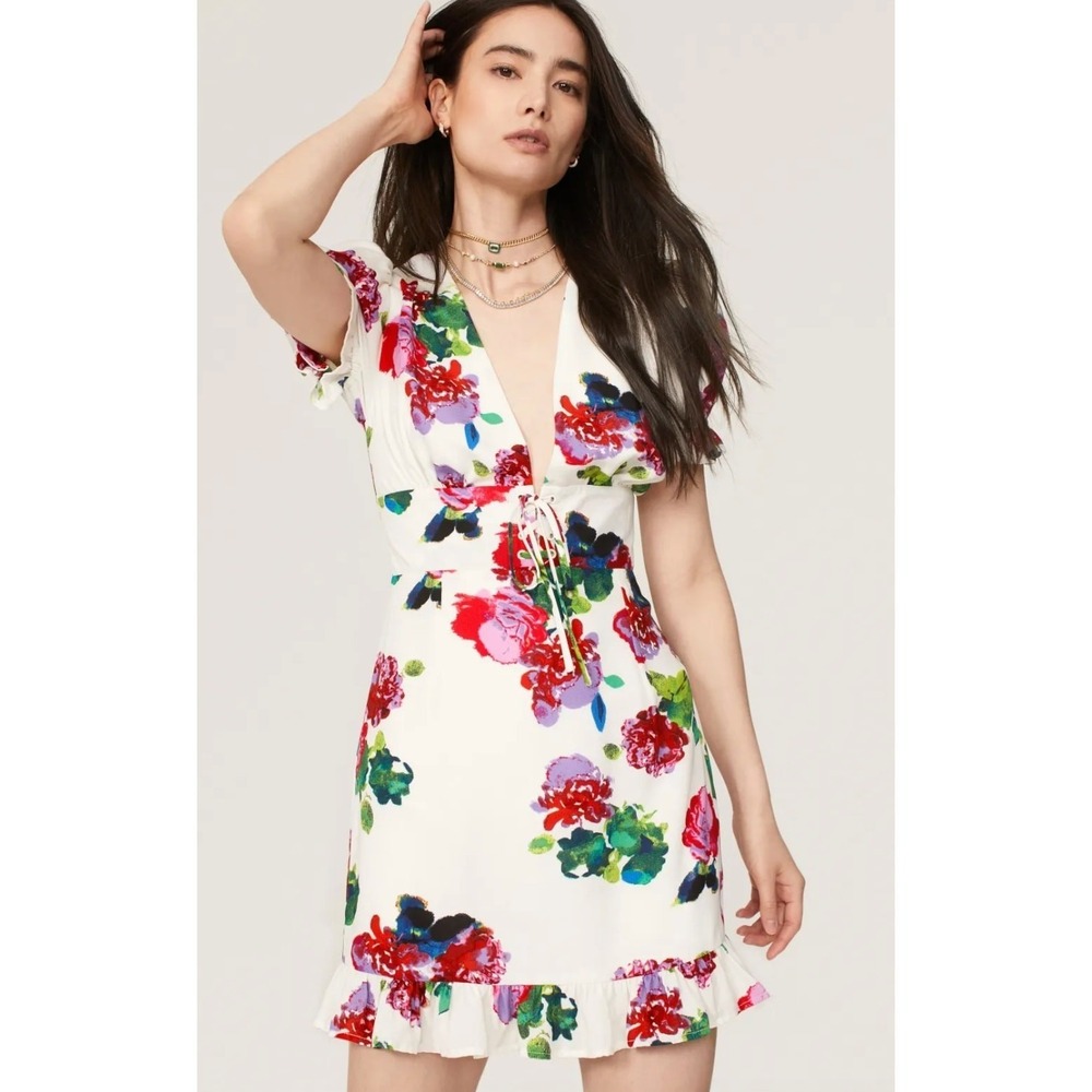 Ashley Park Dress Womens Size 2 White Pink Floral Print Ruffle Hem V Neck Mini